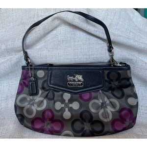 Coach Madison Op Art Floral Wristlet Bag Black Grey Purple Sateen Leather 46633